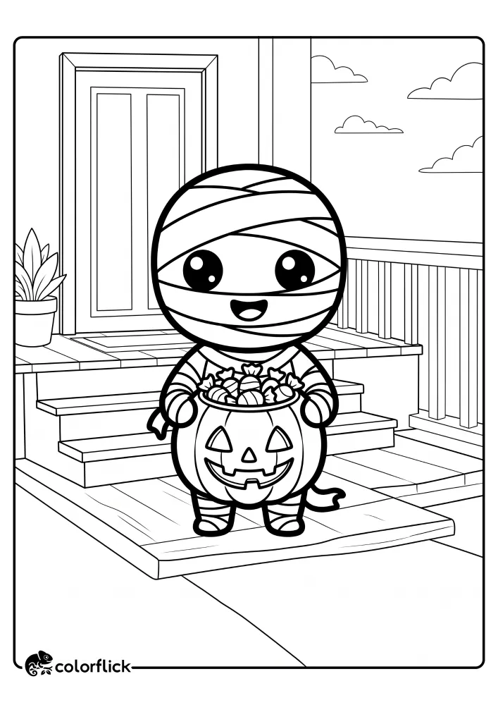 A printable coloring page for kids showing a cute mummy holding a jack-o'-lantern pumpkin filled with candy on a porch.