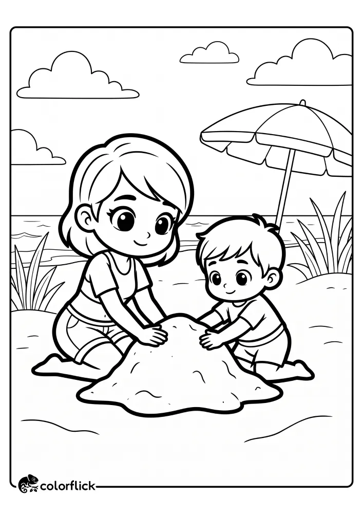 A free printable coloring sheet showing a smiling parent and a toddler kneeling on the beach under an umbrella, using their flat hands to pat down a mound of sand together.