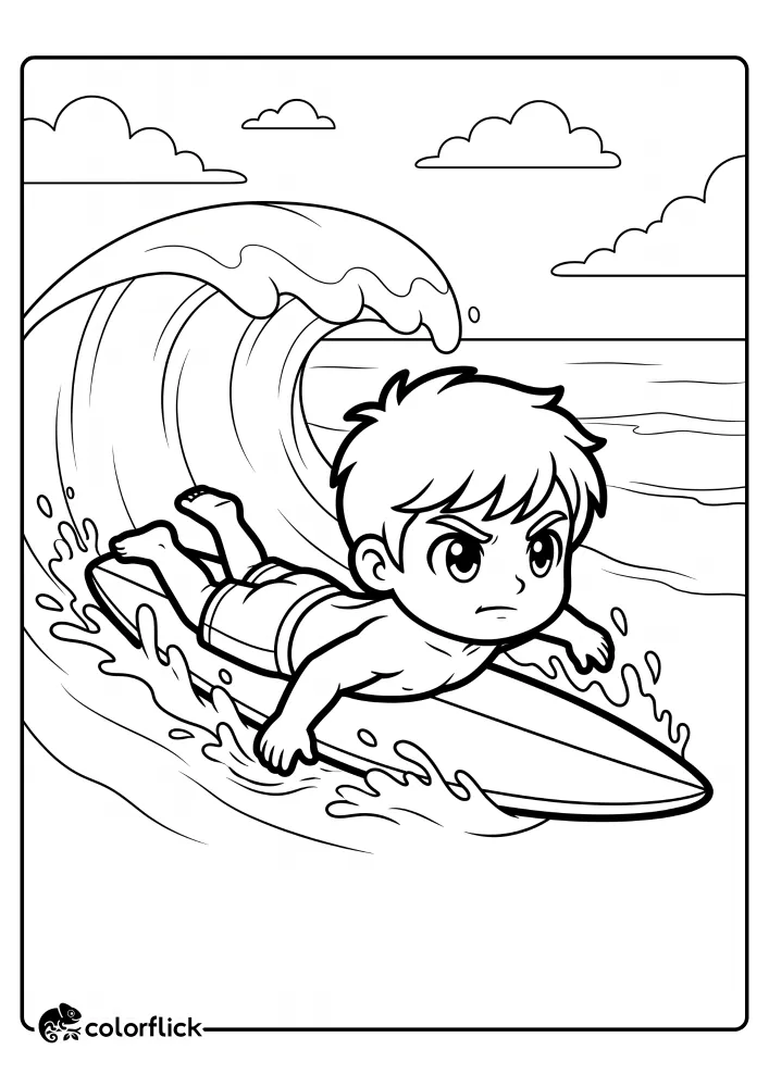 A determined young boy paddling on his surfboard to catch a large ocean wave, an exciting free printable coloring sheet for kids.