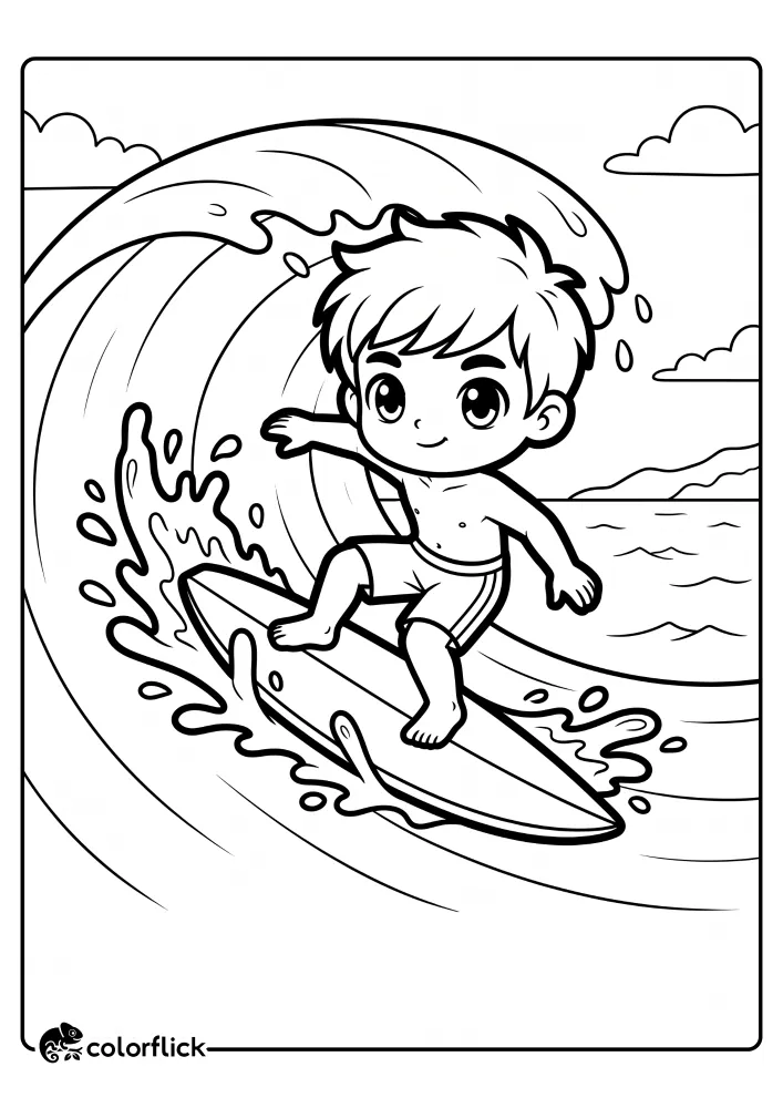 A line art drawing of a young boy in swim trunks balancing on a surfboard on a large curling ocean wave, presented as a printable coloring page for kids. The scene includes water splashes, sea, distant hills, and clouds. Perfect as a free printable coloring sheet.