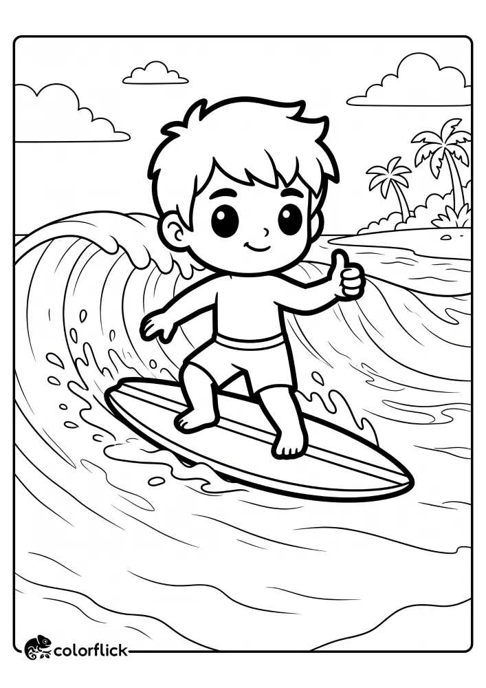 A free printable coloring sheet showing a happy boy giving a thumbs up while surfing a gentle ocean wave near a tropical island.