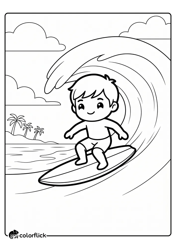 A printable coloring page for kids of a cheerful cartoon boy surfing down the face of a large, curling ocean wave. He balances on a surfboard with an island, palm trees, and clouds in the background.