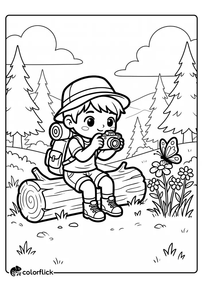 A cute hiker boy with a backpack and hat sitting on a log and taking a picture of a butterfly on a flower, featured on a printable coloring page for kids.