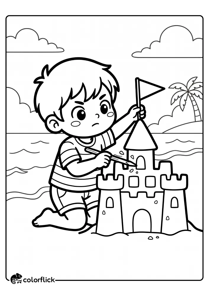 A young boy kneeling on the sand using a thin stick to carefully carve square windows and an arched door into a sandcastle, a free printable coloring sheet.