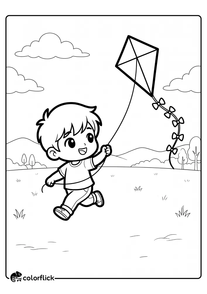 A happy child running through a grassy field while flying a large diamond-shaped kite with a bow tail, perfect for a printable coloring page for kids.