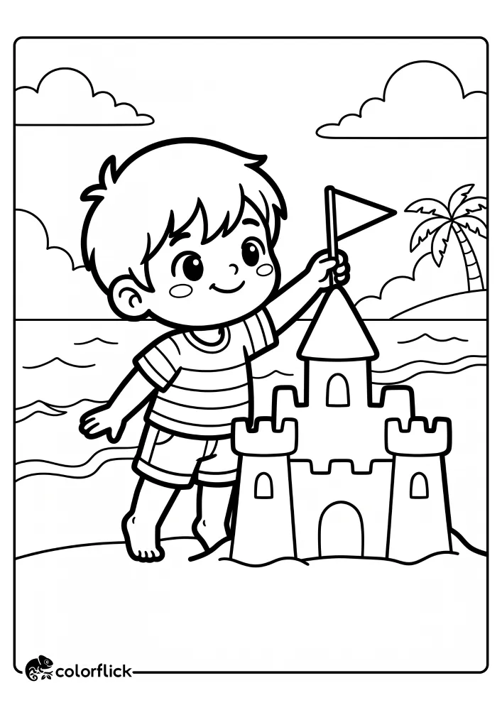 A proud child standing on tiptoes to plant a small triangular paper flag into the highest peak of a sandcastle on the beach, printable coloring page for kids.