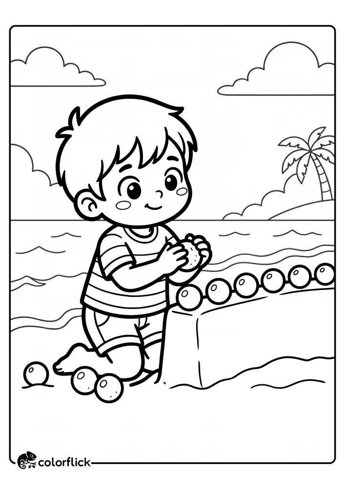 A smiling boy kneeling on the beach rolling wet sand into round spheres to decorate a sand wall, a free printable coloring sheet.