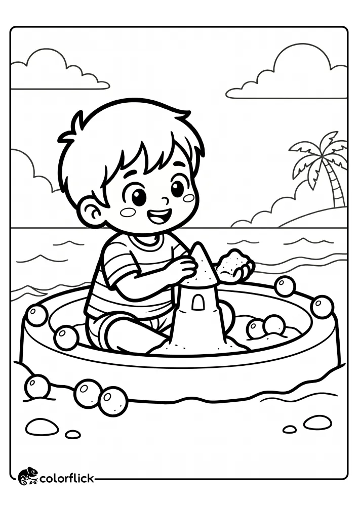 A smiling little boy sitting inside a wide circular sand wall building a smaller tower in the center at the beach, a printable coloring page for kids.