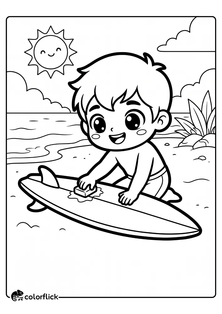 A happy young boy kneeling on a sandy beach and rubbing wax onto his surfboard, with the ocean and a smiling sun in the background, printable coloring page for kids.