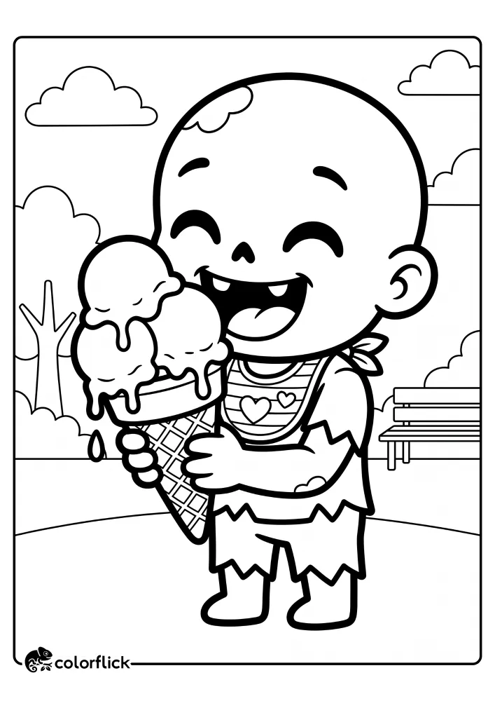 A printable coloring page for kids featuring a cheerful baby zombie wearing a bib and holding a large, dripping ice cream cone in a park.
