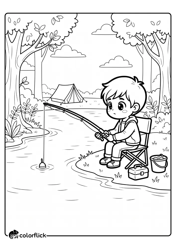 printable coloring page for kids depicting a happy young boy sitting on a chair and fishing by a river at a campground. He is holding a rod, next to a tackle box, bucket, and a tent under trees.