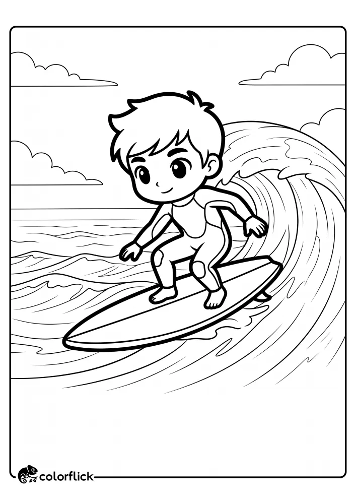 A cute little boy with a smiling face riding a large ocean wave on a surfboard, a free printable coloring sheet for kids.