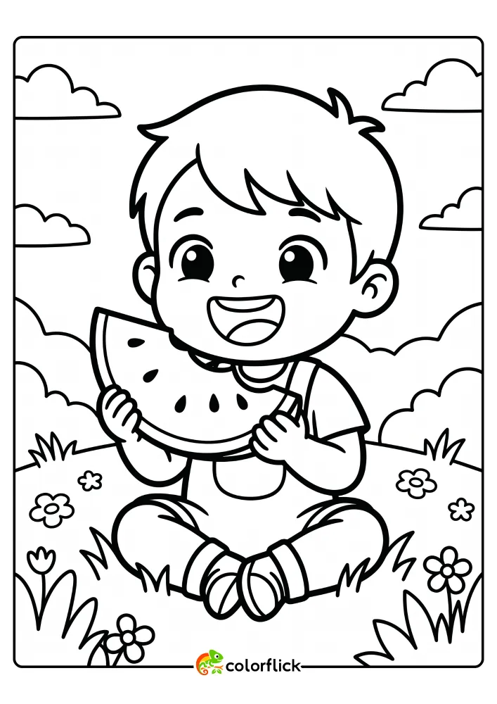 A cute black and white printable coloring page for kids showing a happy child sitting on grass, about to take a big bite of a large watermelon slice.