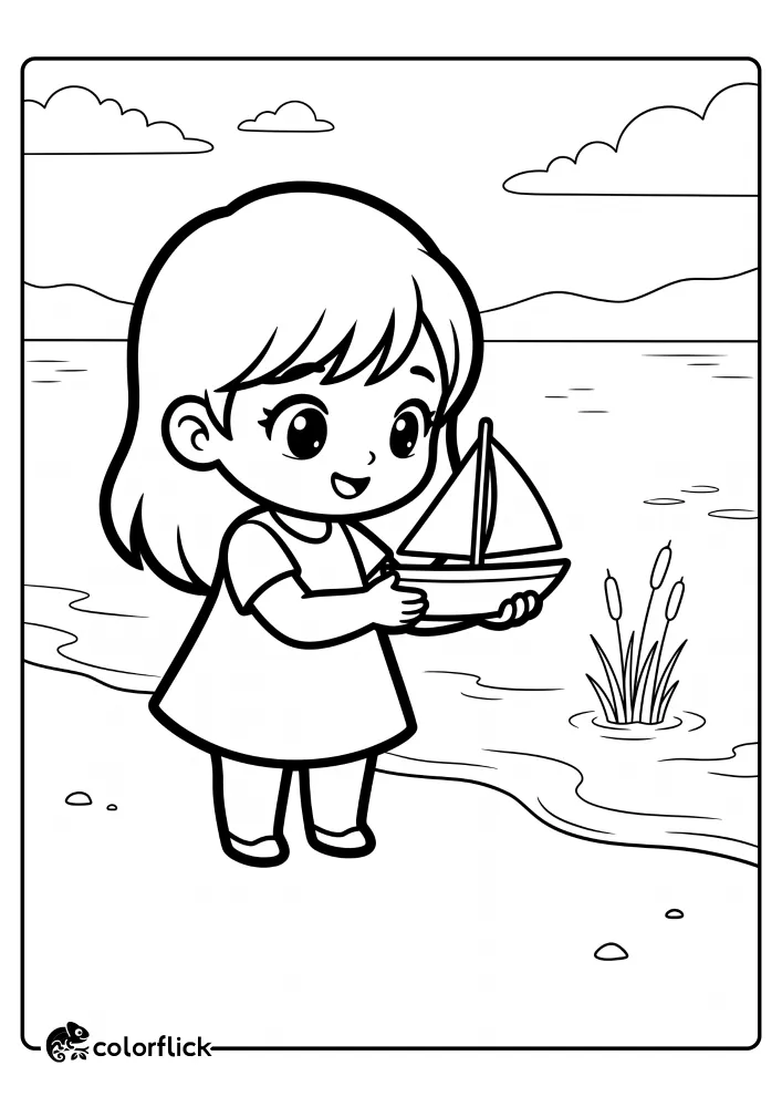 A cute, simple black and white printable coloring page for kids showing a chibi-style child holding a small sailboat toy by a peaceful lake, with simple reeds and distant mountains in the background, all rendered in bold line art.