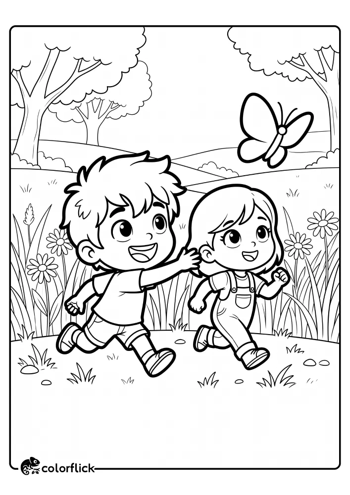 A joyful black and white printable coloring page for kids showing a boy and girl with large heads running happily through a meadow of tall grass and daisies, reaching up to chase a single flying butterfly.