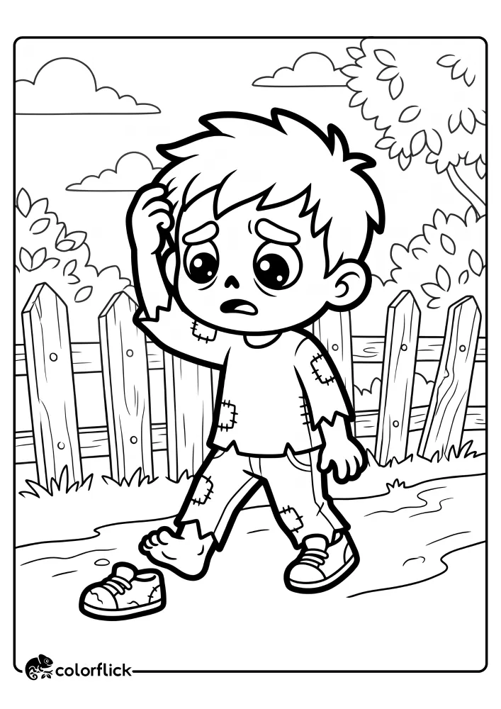 An easy printable coloring page for kids featuring a confused zombie boy with messy hair scratching his head. He is looking down at his bare foot, with one of his lost shoes on the ground nearby. A wooden fence and tree are in the background.