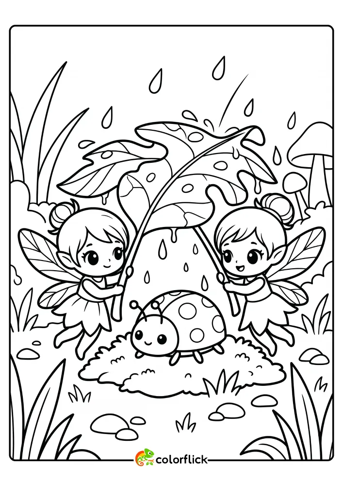 A black and white printable coloring page for kids showing two cute small fairies holding a large leaf over a spotted beetle to shelter it from dew drops, featuring clean vector lines.
