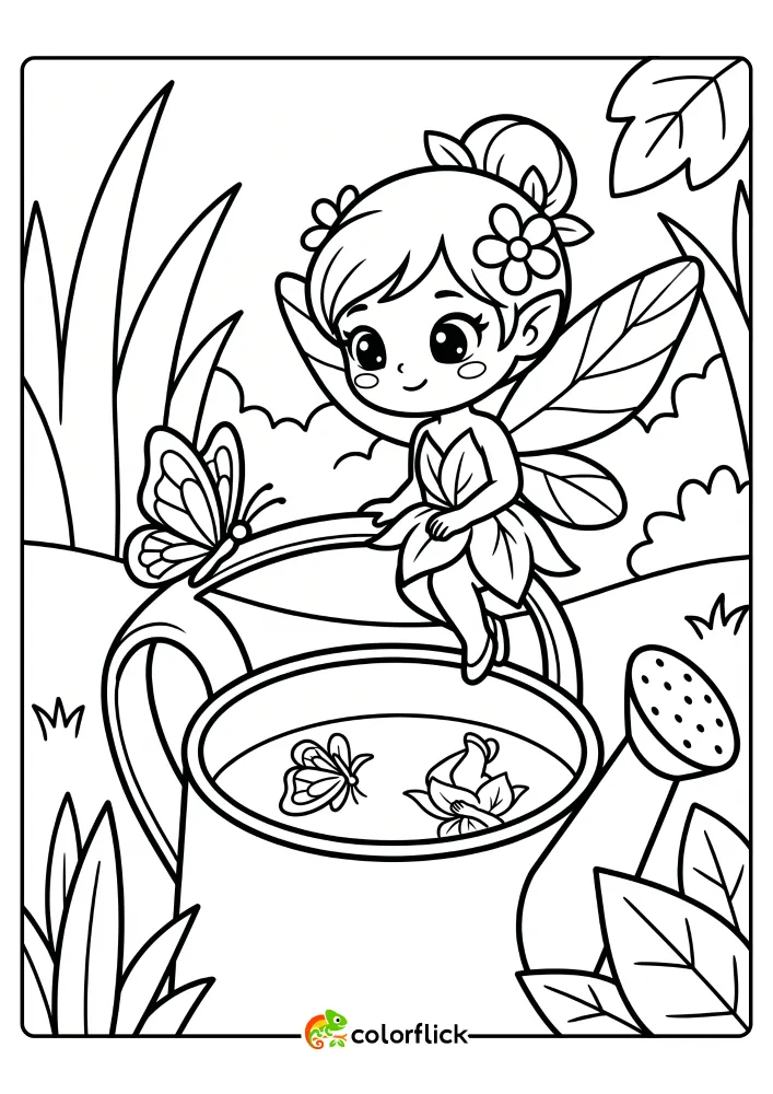A black and white line art printable coloring page for kids showing a cute cartoon fairy with leaf wings and a flower hair bun sitting on a watering can handle, looking down at a simplified butterfly reflection in the water while another butterfly rests nearby on the can in a garden.