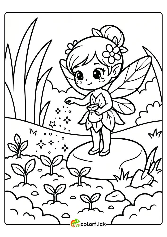 A black and white line art printable coloring page for kids showing a cute cartoon fairy with wings standing on a smooth garden stone and sprinkling sparkling dust from a tiny pouch over a row of young sprouting vegetable seeds in a garden bed.