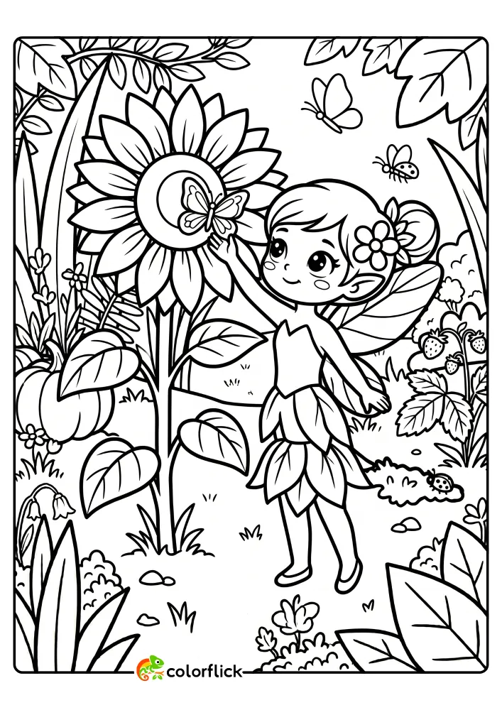 A black and white line art printable coloring page for kids showing a cute fairy reaching upward to guide a butterfly toward a large, open sunflower in a garden setting.