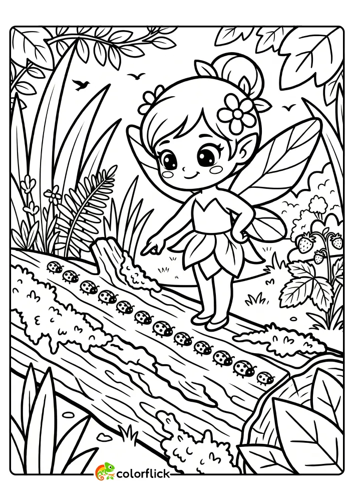 A black and white line art printable coloring page for kids featuring a cute fairy standing on a mossy log and pointing her finger at a long line of tiny ladybugs marching across the tree bark in a forest setting.