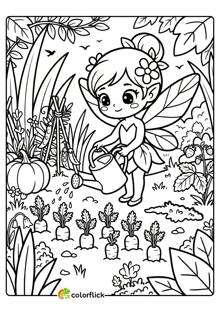 A black and white line art printable coloring page for kids showing a cute fairy standing in a vegetable patch and using a watering can to pour water onto a row of young sprouting carrots in a garden.