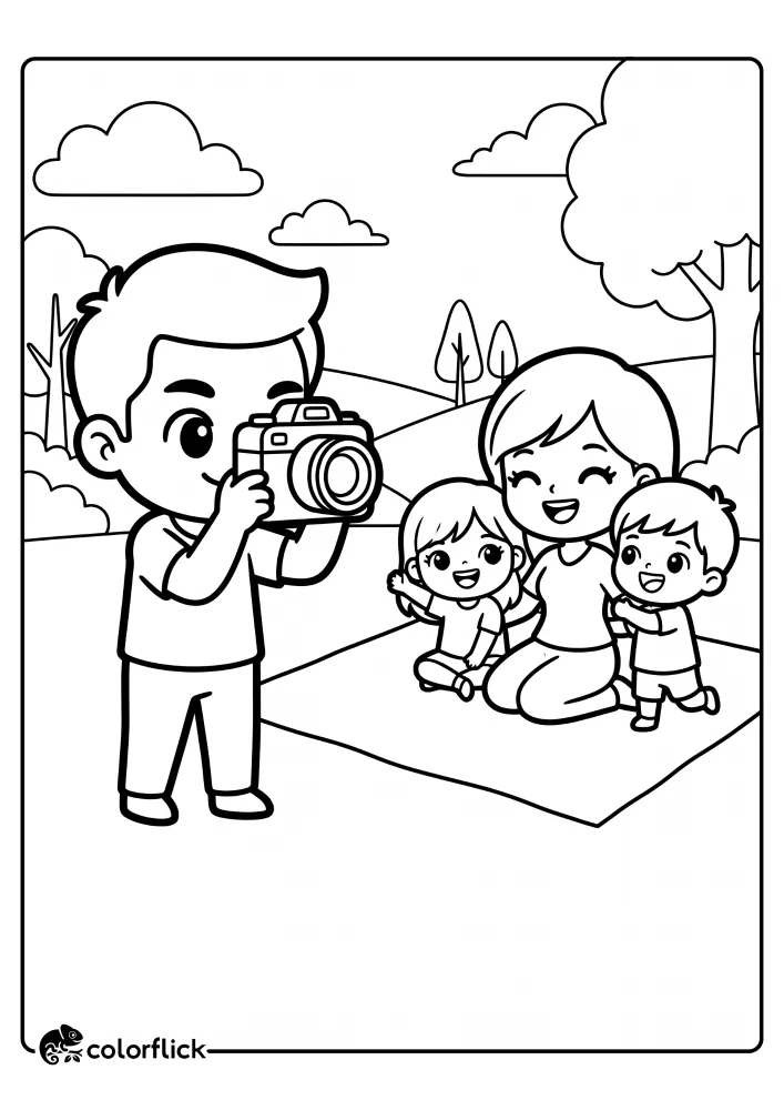 A simple black and white printable coloring page for kids showing a father standing and taking a picture with a camera of his smiling family (mother, son, and daughter) sitting on a picnic blanket in a park. This is a free printable coloring sheet.