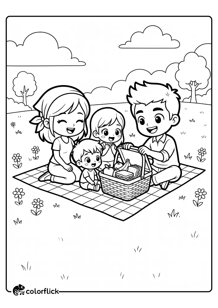 A printable coloring page for kids showing a smiling family of four sitting on a checkered blanket in a park, opening a picnic basket filled with sandwiches and fruit.