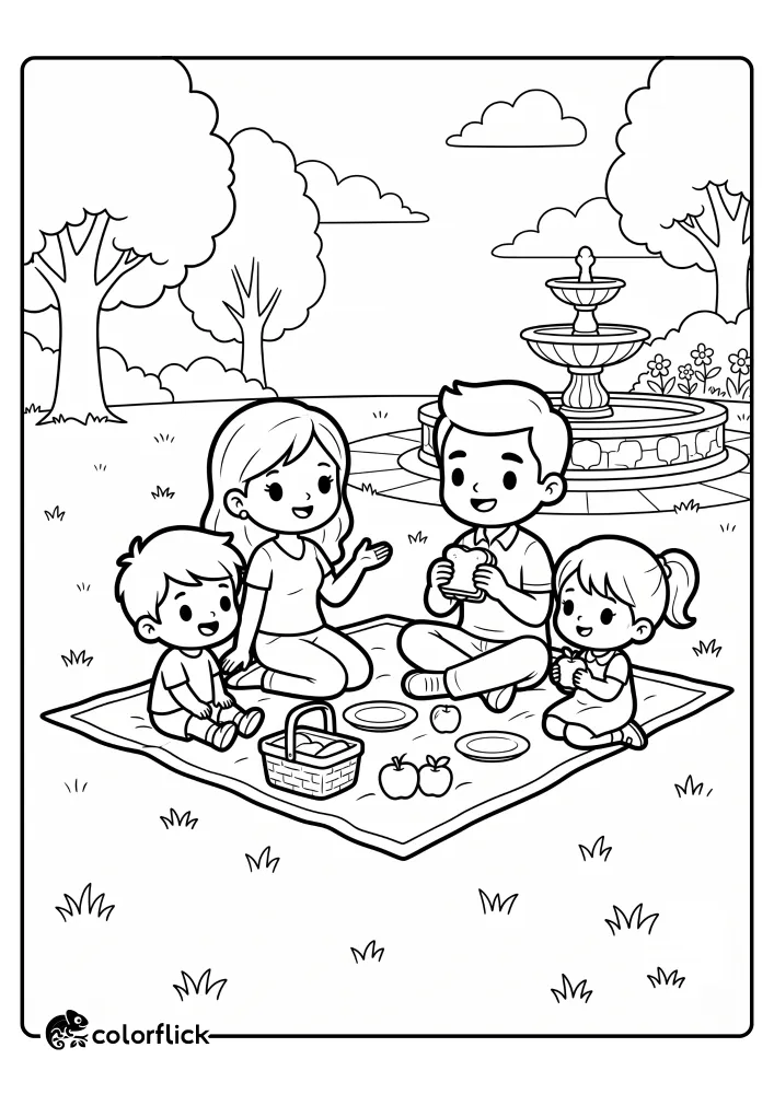 A fun black and white printable coloring page for kids featuring a happy family sitting on a blanket enjoying a picnic lunch, with a beautiful stone fountain and trees in the background.