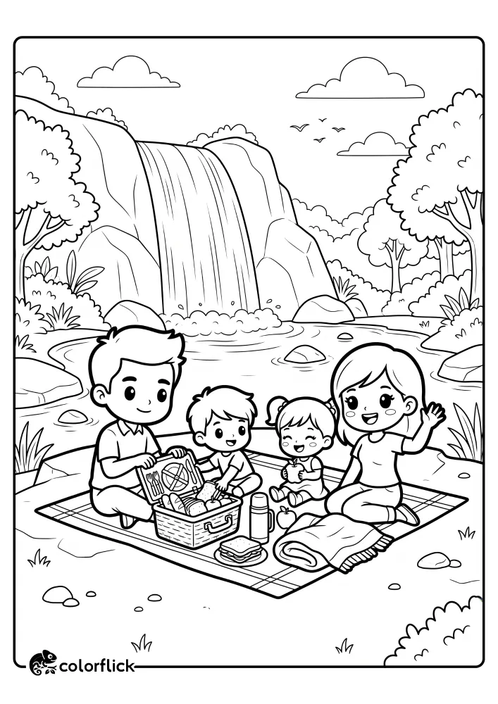 A black and white printable coloring page for kids showing a smiling family of four with big eyes and heads, sitting on a large picnic mat near the base of a cascading waterfall, unpacking a picnic basket full of food with bold outlines and a spacious background of trees and mountains.