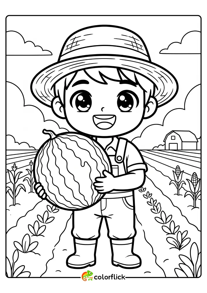 A black and white line art drawing for kids showing a happy farmer in a straw hat and overalls holding a giant watermelon in a farm field, a printable coloring page for kids.