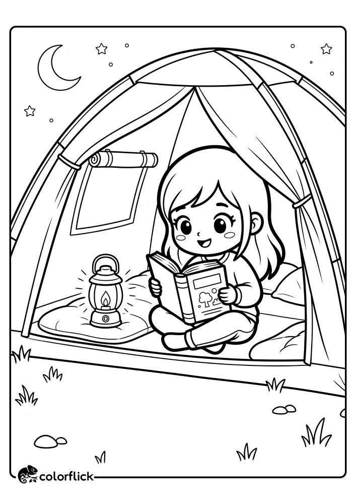 A printable coloring page for kids showing a cute girl with large expressive eyes sitting inside a cozy dome tent at night, reading a book by the light of a small lantern, with a moon and stars visible outside. Free printable coloring sheet.