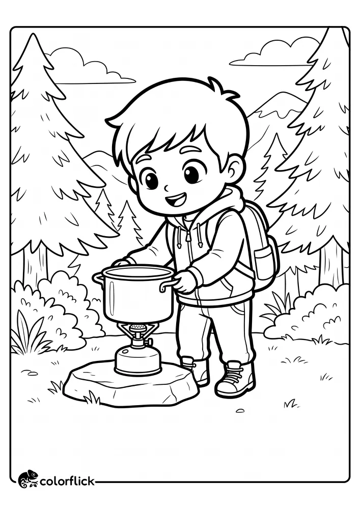 A cute cartoon boy with a backpack carefully placing a pot on a portable camping stove while hiking in the woods, featured on a printable coloring page for kids.