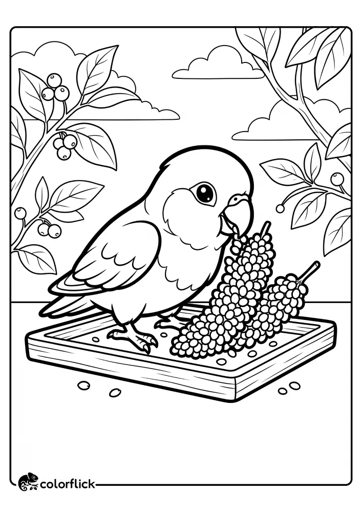 A cute small lovebird with bold outlines stands on a wooden tray and pecks at a large spray of millet seeds, tree branches in the background, a free printable coloring sheet for kids.