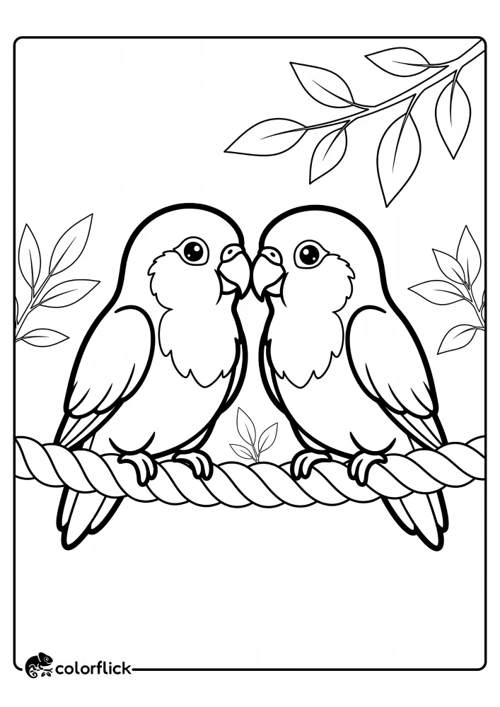 A black and white printable coloring page for kids showing two adorable lovebirds sitting on a rope perch and tapping their beaks together in a gentle kiss.