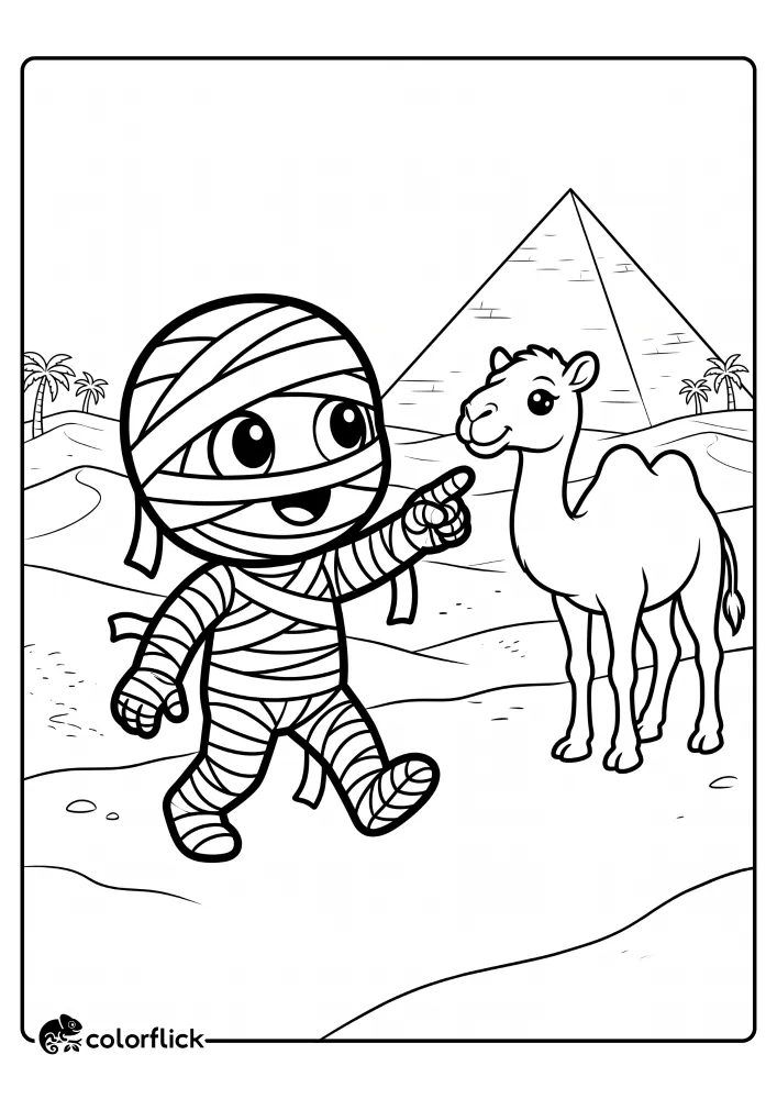 A printable coloring page for kids showing a cute mummy character walking and pointing at a large pyramid in the desert, with a friendly camel standing nearby.