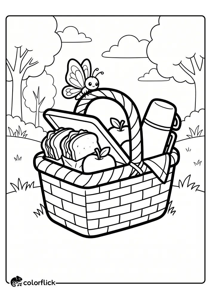 A printable coloring page for kids featuring a close view of an open picnic basket filled with apples, sandwiches, and a thermos, with a cute butterfly resting on the handle, set against a simple park background.