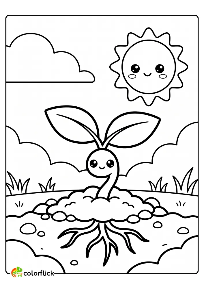 A black and white printable coloring page for kids showing a cute, smiling seedling sprouting from the ground with roots visible and a cheerful sun shining above.