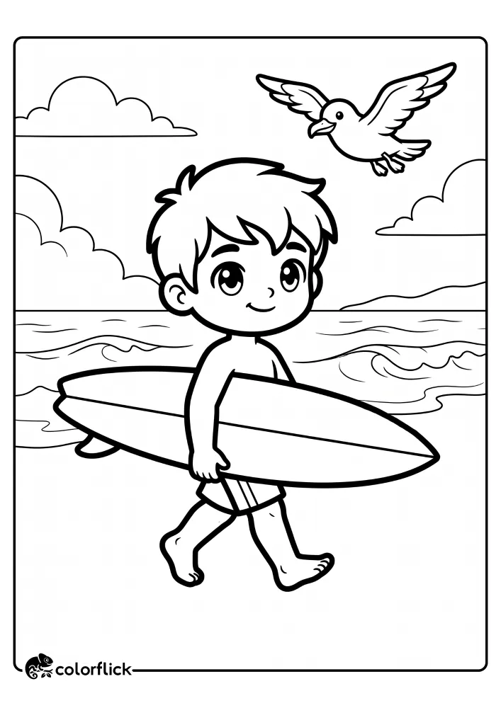 A cute young boy with a surfboard walking on the beach with a seagull flying nearby, a free printable coloring sheet for kids.
