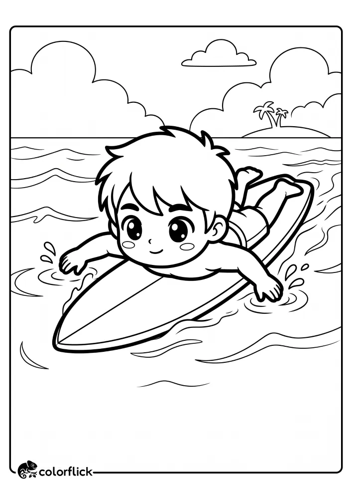 A cute boy on a surfboard paddling in the ocean, a printable coloring page for kids.
