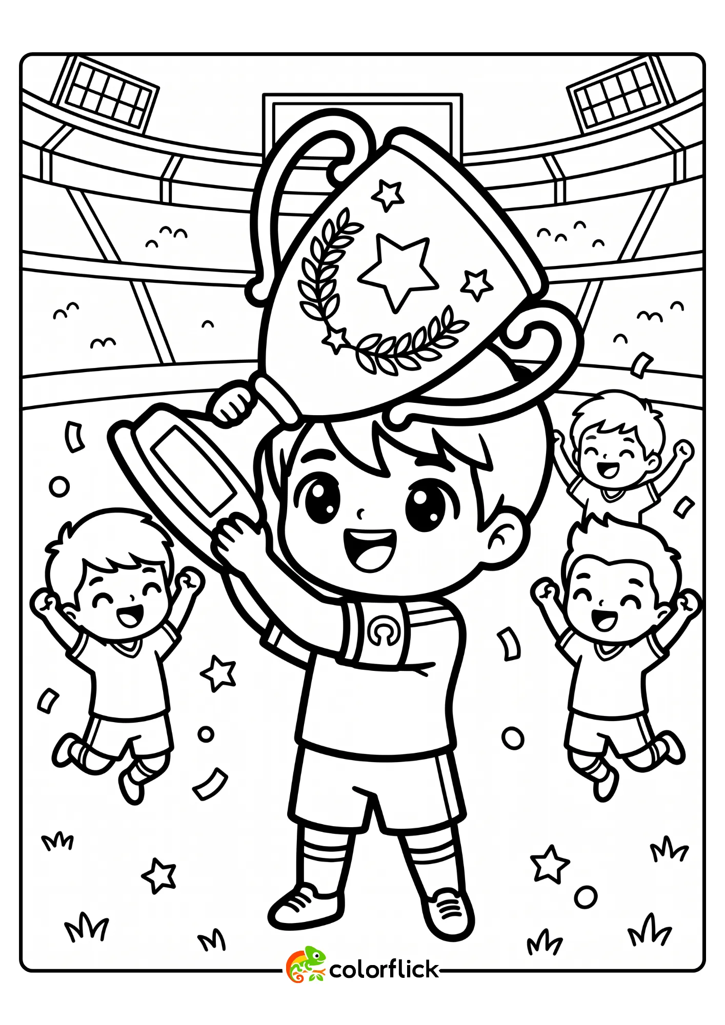 A bold line art illustration for kids featuring a young team captain lifting a huge trophy high into the air with cheering teammates in a stadium, printable coloring page for kids.