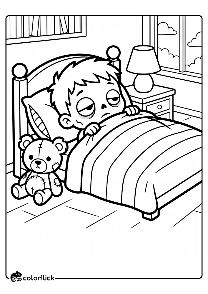 A free printable coloring sheet featuring a tired little zombie boy tucked into a large bed under a striped blanket with a patched teddy bear sitting nearby.