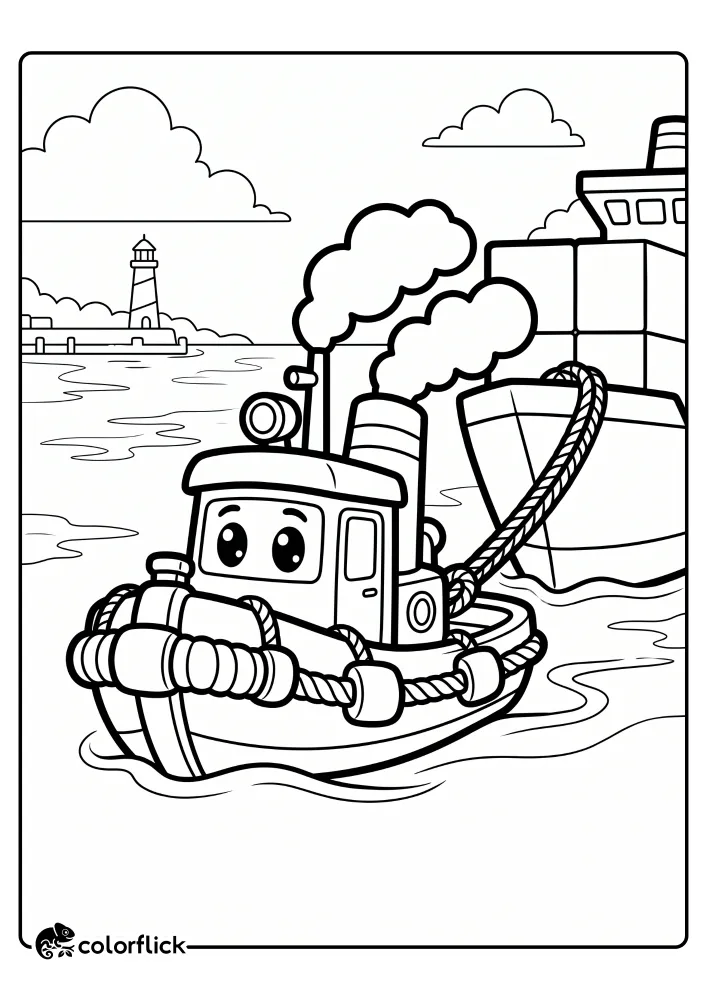 A simple black and white line art coloring page for kids showing a cute cartoon tugboat with a friendly face pulling a large container ship with a thick rope, set in the water with a lighthouse and clouds in the background, a printable coloring sheet.