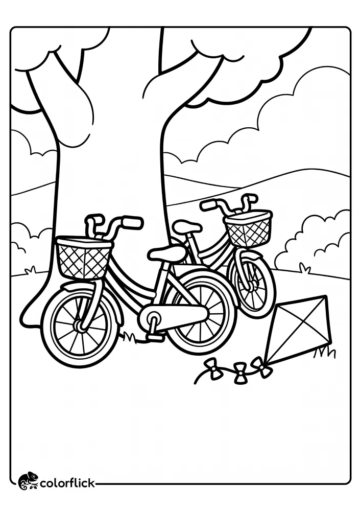 A printable coloring page for kids featuring two simple bicycles with front baskets resting against a large tree trunk, with a diamond-shaped kite on the grass nearby in a peaceful outdoor park setting.