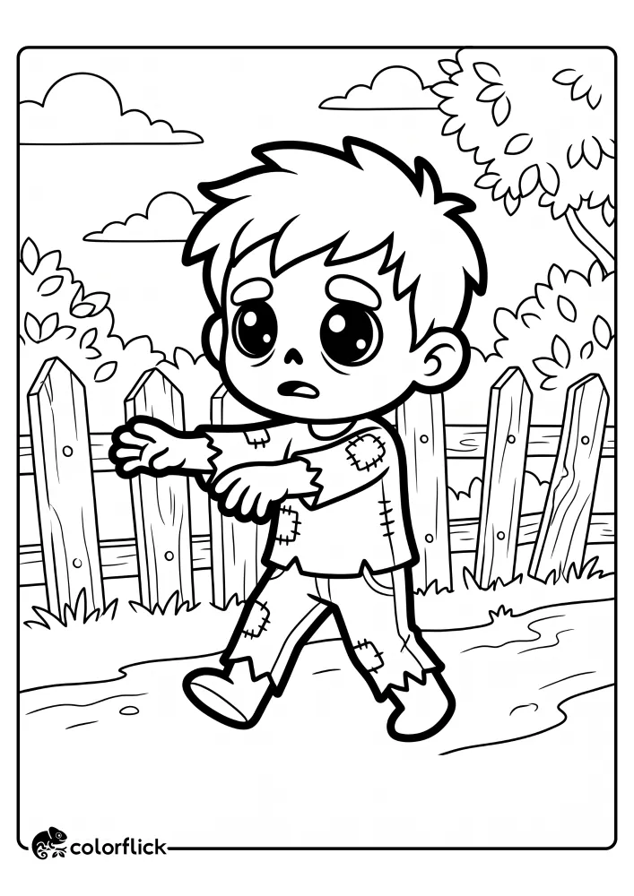 A cute printable coloring page for kids featuring a little zombie boy walking on a path with his arms out, passing a wooden fence and bushes.