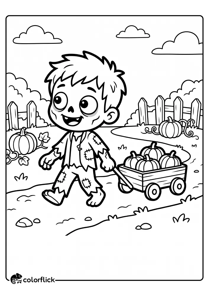 A fun free printable coloring sheet featuring a playful little zombie pulling a wooden wagon filled with pumpkins along a dirt path.