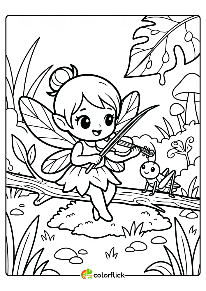 A black and white printable coloring page for kids depicting a cute fairy sitting on a twig and playing a blade of grass like a violin for a happy cricket listener, featuring clean bold lines.