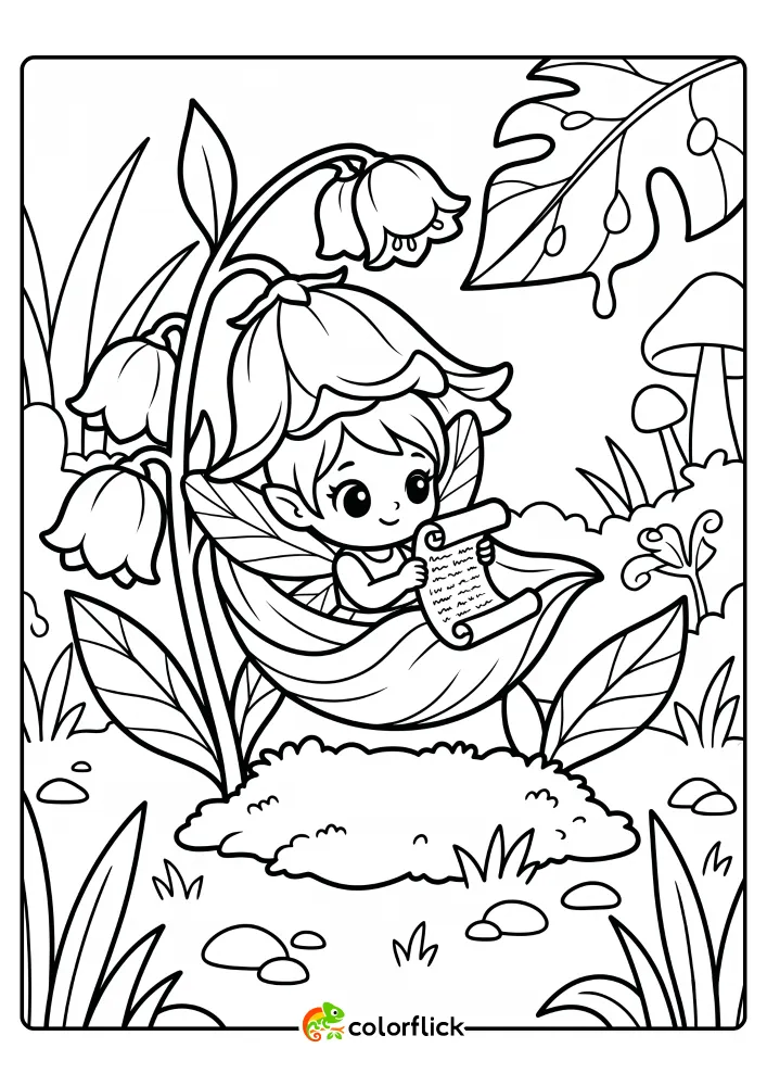 A black and white printable coloring page for kids featuring a cute fairy resting inside a bell-shaped flower hammock while reading a miniature scroll, drawn with clean bold lines.