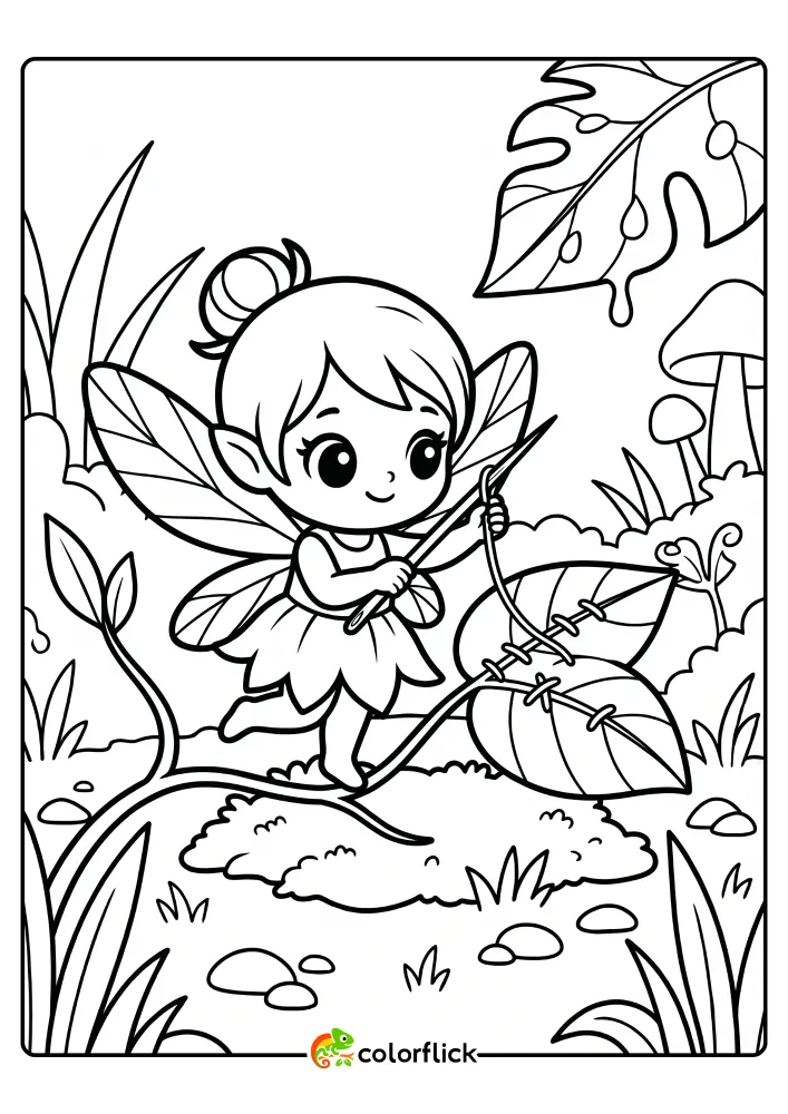 A black and white printable coloring page for kids depicting a cute fairy balancing on a stem while using a pine needle to stitch two leaves together, featuring clean bold lines.