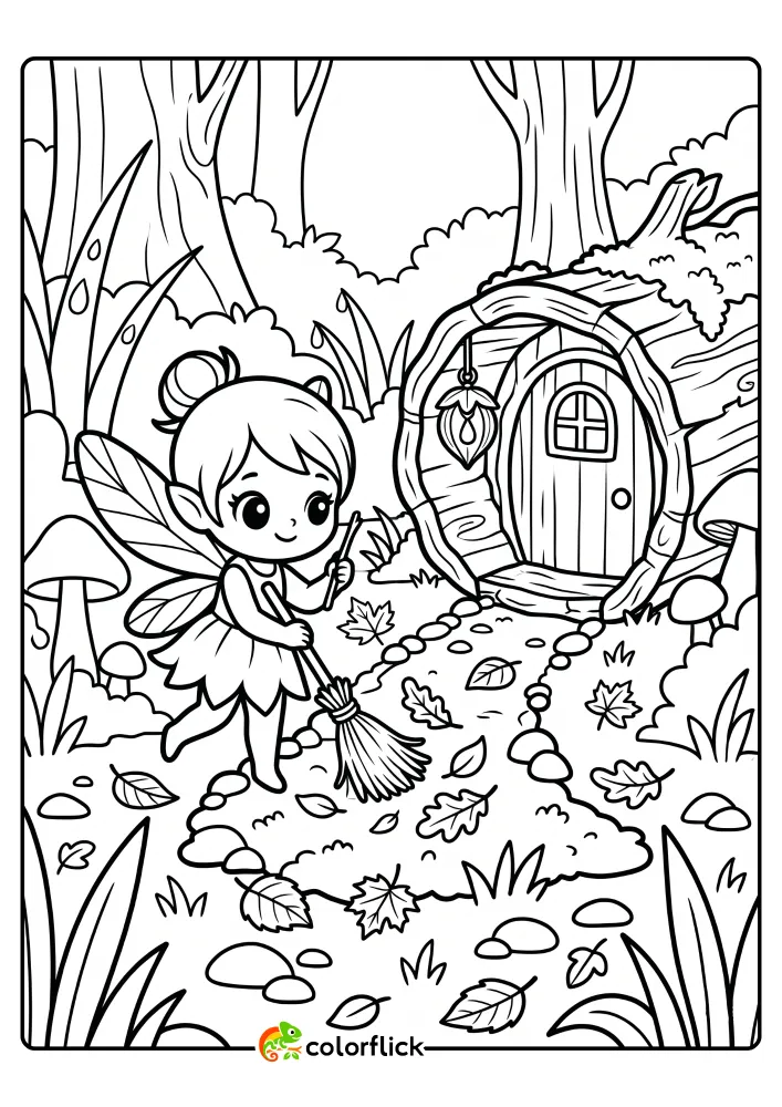 A black and white printable coloring page for kids showing a cute fairy sweeping autumn leaves with a twig broom on a path leading to a hollow log home, featuring clean bold lines.